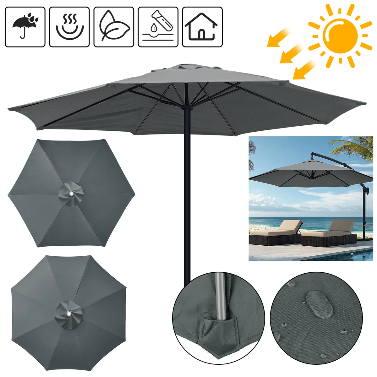6/8 Ribs Replacement Parasol Canopy Waterproof Weatherproof UV-Anti Parasol Replacement Canopy Cover Large Patio Umbrella Cloth